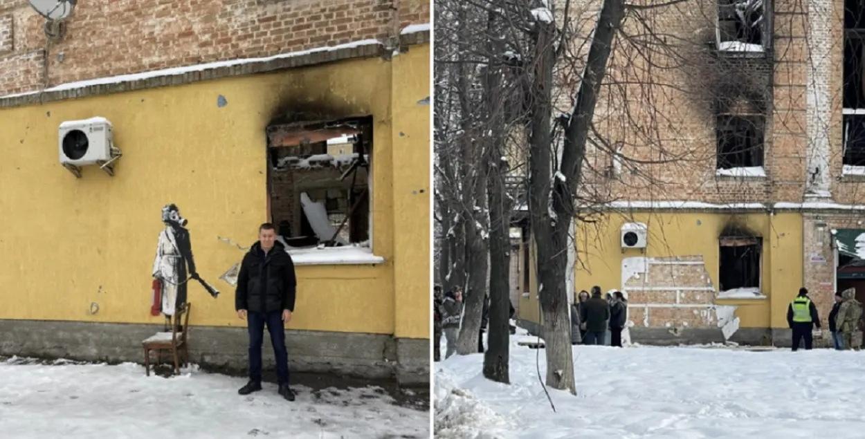 Граффити Бэнкси было на стене одного из домов в Гостомеле / Sergey Zhuk, facebook.com
