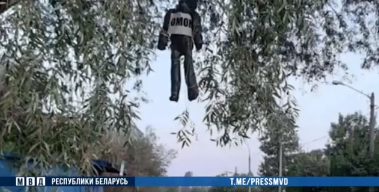 Пудзіла з надпісам "АМАП" на дрэве / скрыншот з відэа МУС Беларусі​​
