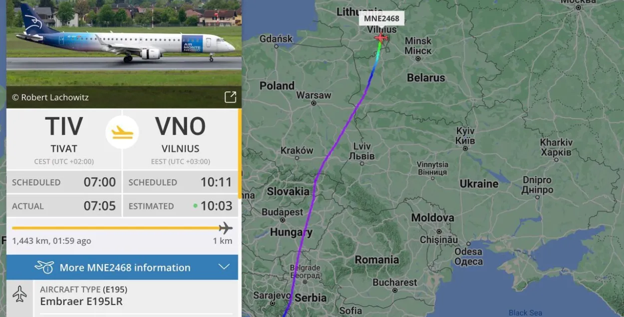 Чарнагорскі самалёт прыляцеў у Літву праз Беларусь / flightradar24.com
