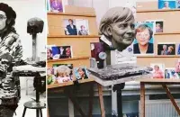 Artsiom Malakhouski and his exam subject at Madame Tussauds London - Angela Merkel's face. Photo: KYKY.org
