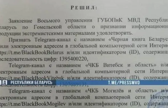 ТГ-канал "Черная книга Беларуси" попал в число экстремистских / пресс-служба МВД