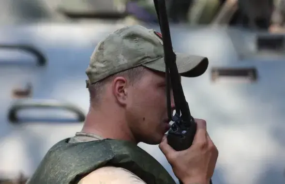 A Belarusian serviceman during exercises near the Polish border&nbsp;
