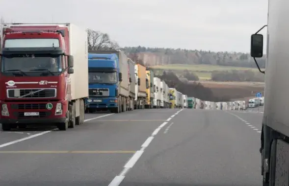 A line of trucks at the border

